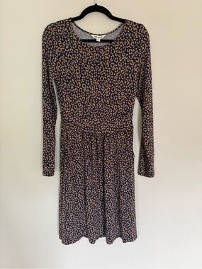 Boden Navy Tan Leopard Animal Print Long Sleeve Jersey Midi Dress Pockets
Sz 4R
